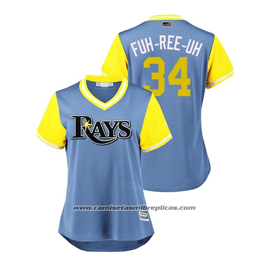 Camiseta Beisbol Mujer Tampa Bay Rays Jake Faria 2018 LLWS Players Weekend Fuh Ree Uh Azul